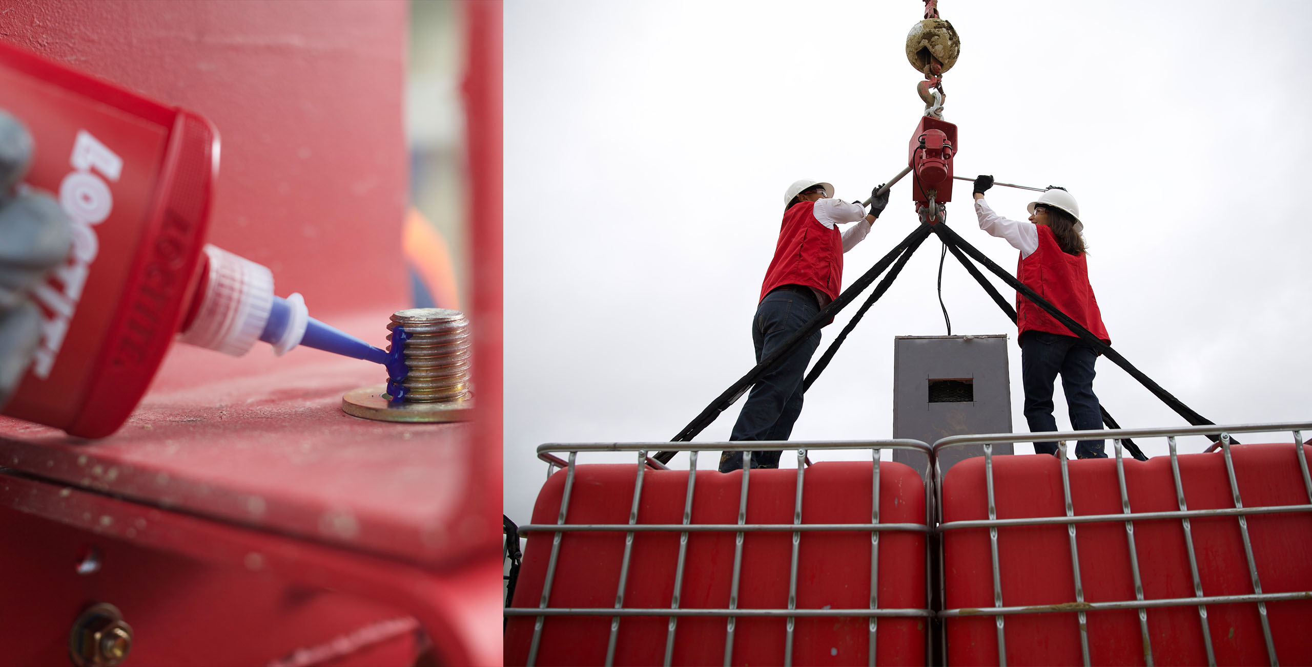 Person applying LOCTITE to a bold (left). Two people tightening a bolt with Loctite affixed to a crane's cable (right).
