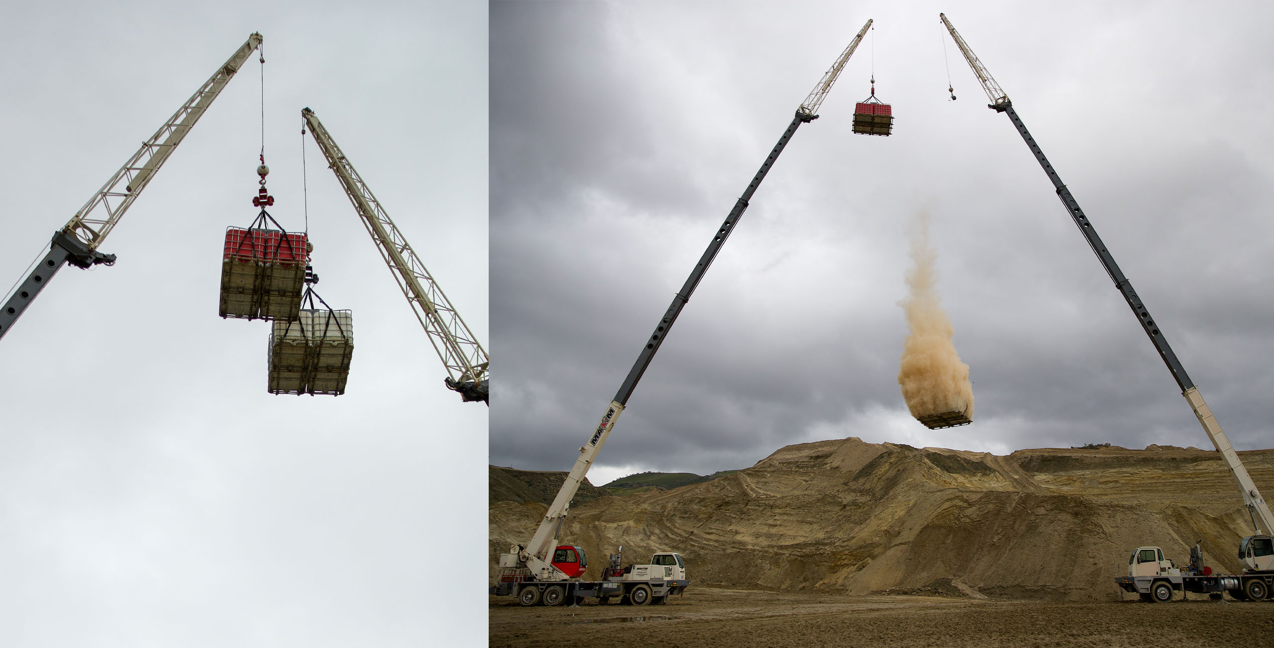 Cranes lifting weights into the air (left). The weight without Loctite applied falls from a tall height (right).