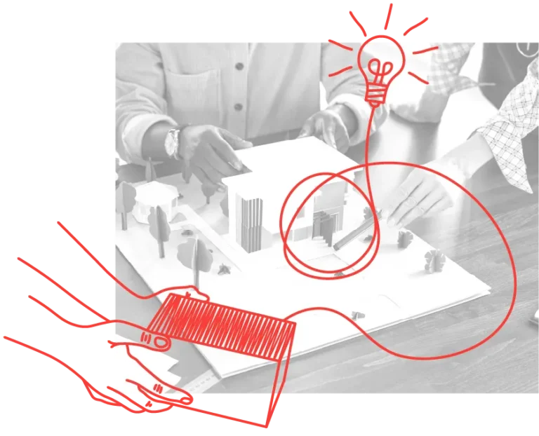 hands holding a box with a lightbulb coming out over an architectural model with people around