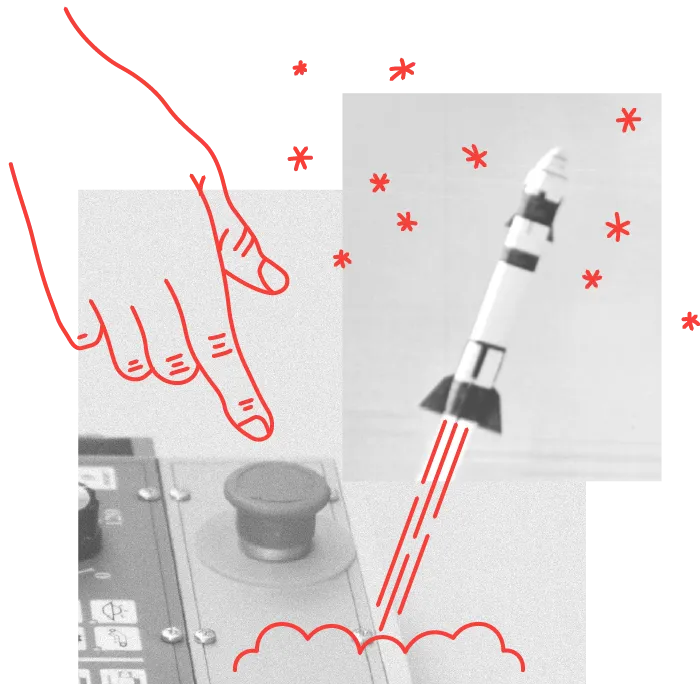 a finger pressing the button a launching rocket