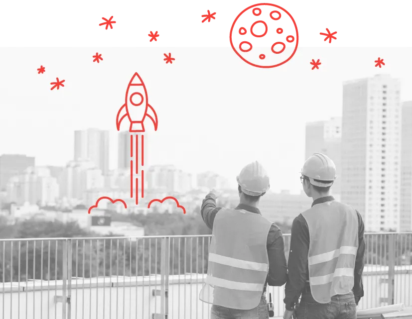 Image of two men in hard hats watching a rocket launch in the distance