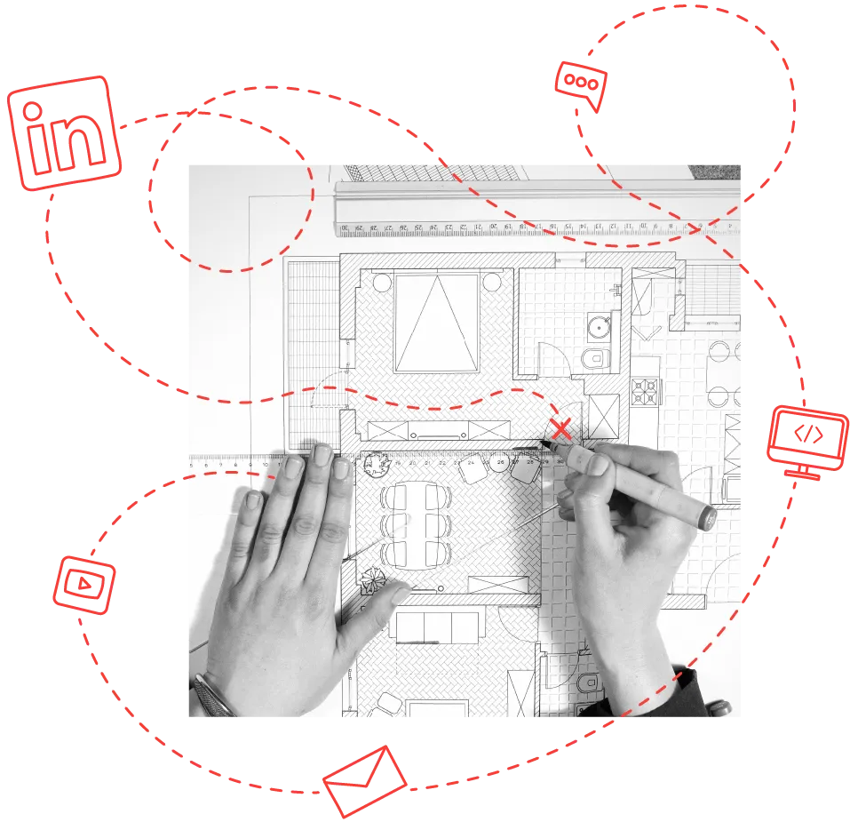 Person drawing a map within and around a building blueprint with social and tech icons around.