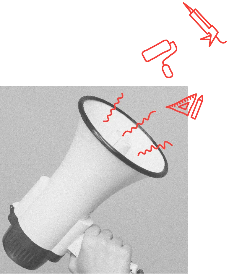 megaphone with sound waves and building tools coming out of it