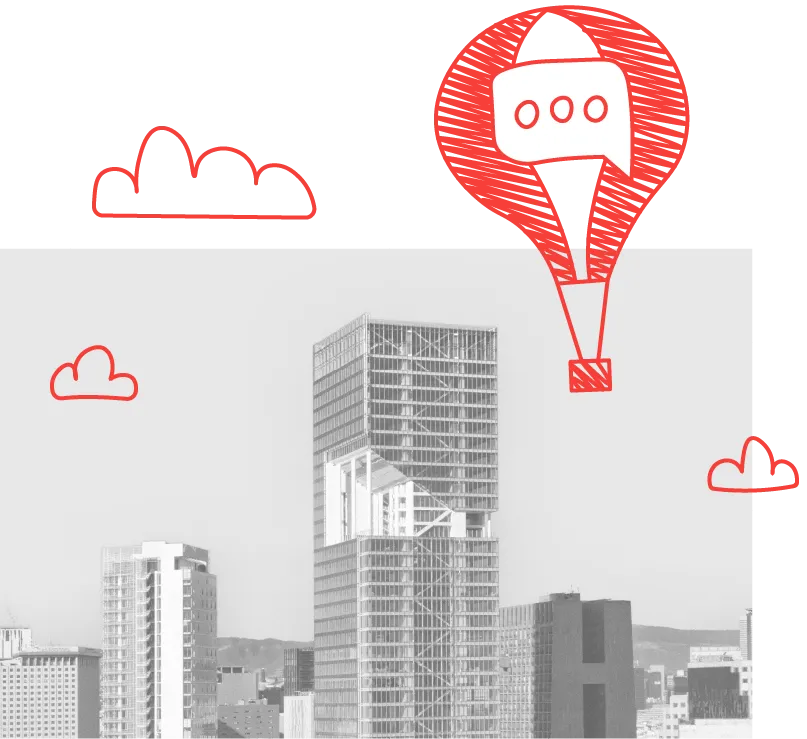 a balloon that is made of a messaging icon floating upwards over a city
