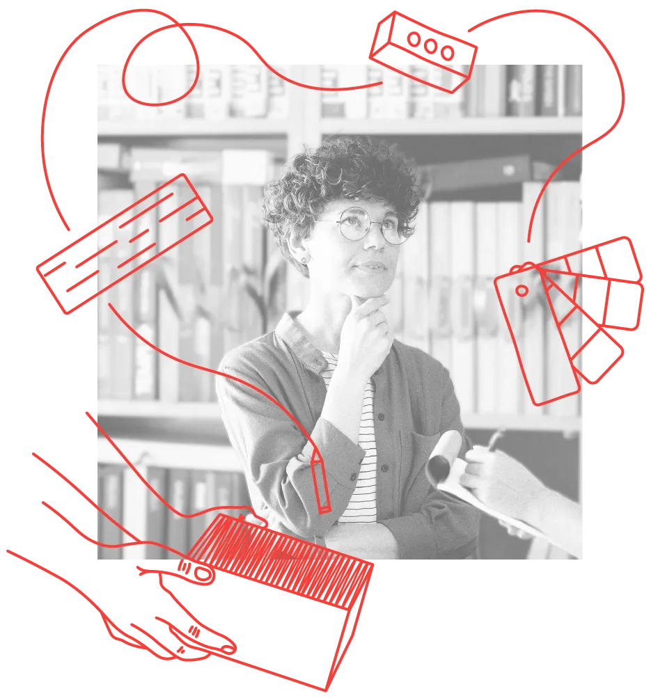 Image of a woman thinking with building products surrounding her