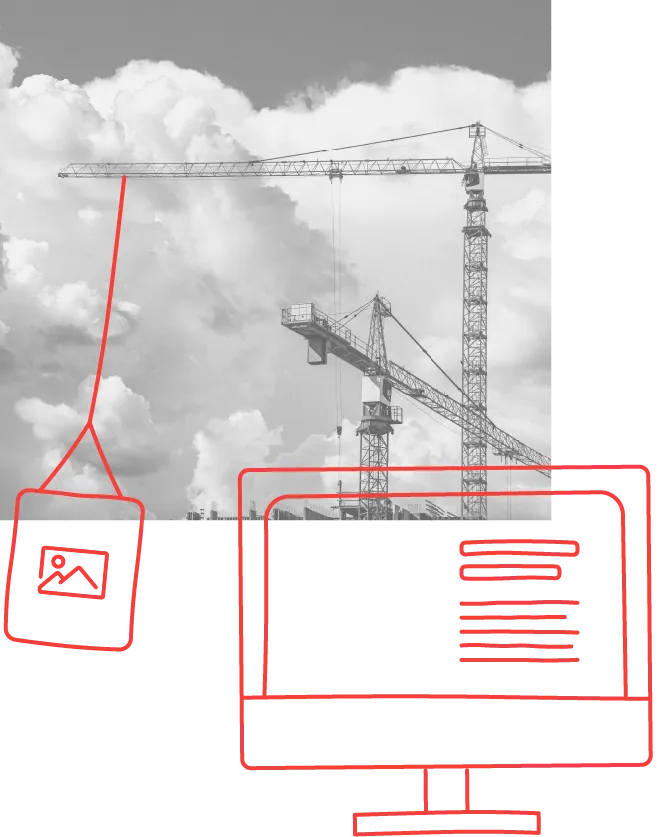 crane lifting an illustrated image icon onto a computer screen