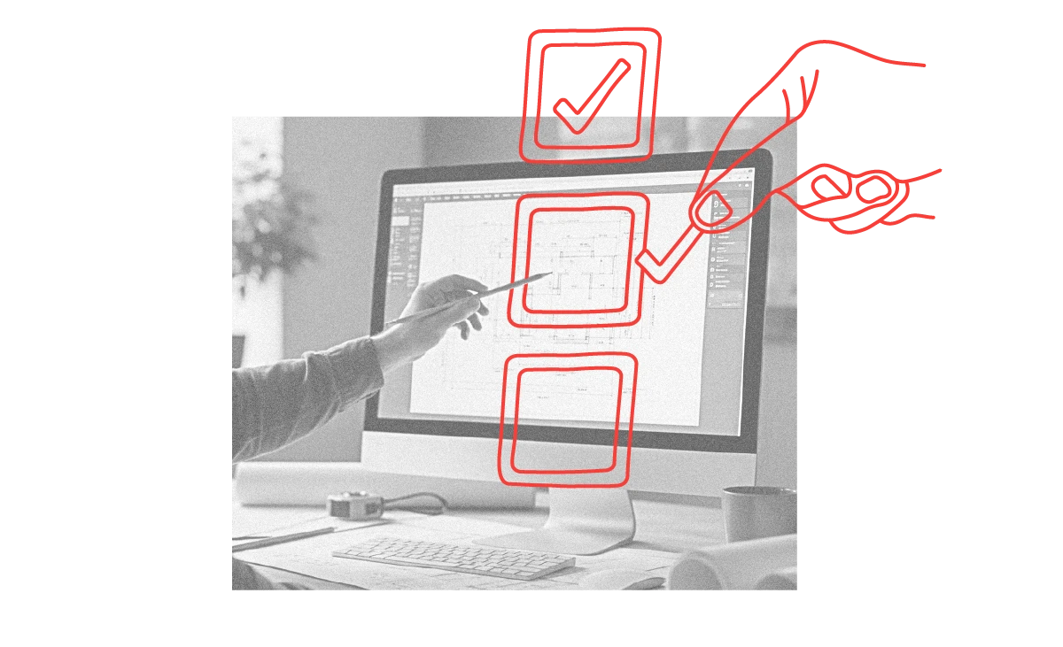 Image of an architect checking the boxes on their computer screen.