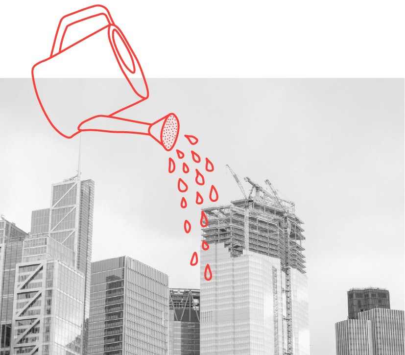 An image of a watering can sprinkling water onto a building being built